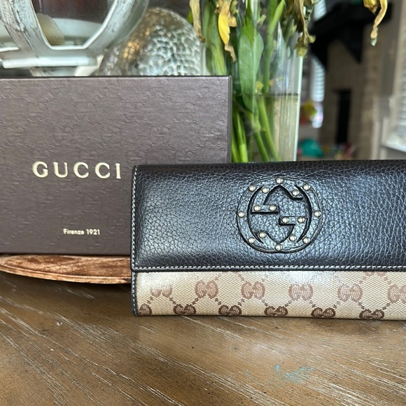 Gucci Brown and Tan Crystal and leather coated long wallet - Picture 2 of 16